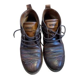 PIKOLINOS | brown leather lace up boots with colorful embroidery western sz 37